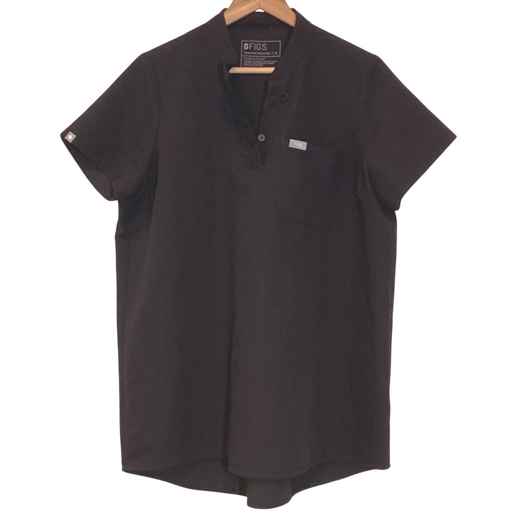 FIGS Scrub Top Maternity L & D Split Neck 1 Pocket Loop Black W1012 - Medium